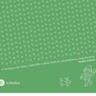 Text: "5 schlafen". Illustration mit einem lachenden Kind in Winterkleidung, ein Hund daneben auf grünem, gepunktetem Hintergrund.