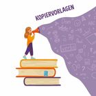 "Kopiervorlagen" steht über einer Illustration, in der ein Mädchen auf Büchern durch ein Megafon spricht. Wörter und Symbole schweben.