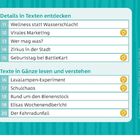"Details in Texten entdecken" und "Texte in Gänze lesen und verstehen" mit Themen wie "Wellness statt Wasserschlacht".