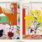 Links: "Wie man einen bleibenden Eindruck hinterlässt." Ein Kind reitet auf einem Pferd im Klassenzimmer. Rechts: "Wie man sagt, dass es einem leidtut." Ein Kind hält riesige gelbe Blumen.