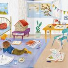 Ich sammle gerne Dinge. Besondere Dinge. Kinderzimmer mit Spielsachen, Büchern, Pflanzen, Tisch und einem Modellhaus.