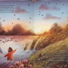 Zwei Menschen stehen im flachen Wasser eines Sees, umgeben von Gräsern, einem Baum, Enten und vielen Vögeln im Abendlicht.