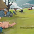 Text: „Auf einem alten, schrammeligen Hof, nicht weit vom Meer, lebt Kringel...“

Illustration: Ein Bauernhof mit Schweinen, Hühnern und einer Möwe.