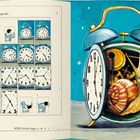 "Wenn ich mich langweile, sehe ich die Langsamkeit. Illustration mit Comicfiguren, Uhren und einer Schnecke im Wecker."