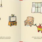 „Ach nein“, sagte das weiße Huhn und seufzte. Wohnzimmer mit Huhnkostümen, Fernseher und gepunktetem Sessel.