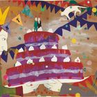 Bunte Illustration mit zwei Figuren mit Kronen, die eine große Torte halten. Oben eine Girlande mit dem Text "FEST".