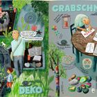 Texte: "Deko", "Grabschmuck selber machen", "So schön!", "Ein Einhorn reicht mir.", "Teddy", "Wir vermissen dich." Illustration mit Friedhofsszenen, Menschen, die basteln, und Dekorationsideen.