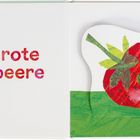 Text: "Die rote Erdbeere". Illustration einer roten Erdbeere mit grünem Blatt auf grünem Hintergrund.