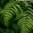 Text: "Februar" und Kalendertage auf Farnblättern. Grüne, filigrane Blätter im Mittelpunkt.