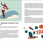 Links oben: "ACH, WARUM EIGENTLICH NICHT!"
Rechts: "YAHOO"
Illustration: Frau auf Surfbrett und Skateboarder mit Blumen.