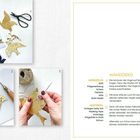 Texte: Werkzeuge, Material, Wanddeko Anweisungen. Goldene Vogel-Formen aus Prägemetall, mit Schnur und Büroklammern.