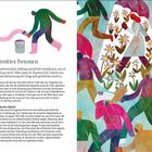"Das Positive betonen" und "Das Geheimnis des Glücks?" sind hervorgehoben. Eine bunte Illustration zeigt Figuren im Regen mit Blumen.