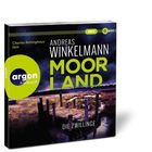 „Charles Rettinghaus liest“, „Andreas Winkelmann“, „MOORLAND“, „DIE ZWILLINGE“. Ein Steg führt über eine Moorlandschaft.