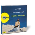 "Atmen im Quadrat", Petra Pellini, argon hörbuch. Frau am Strand, blaue Kleidung, Rückenansicht, gelbes argon-Logo.