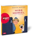 "Miss Merkel: Mord im Bordbistro" von David Safier, argon hörbuch. Illustration: Frau mit Mops in einem Zugabteil.