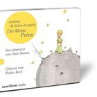 "Antoine de Saint-Exupéry. Der kleine Prinz. Neu übersetzt von Peter Stamm. Gelesen von Rufus Beck." Illustration: Ein Junge auf einem kleinen Planeten mit Sternen und einem Vulkan.