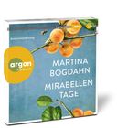 Text: "AUTORINNENLESUNG", "MARTINA BOGDAHN", "MIRABELLEN TAGE". Ein Zweig mit gelben Mirabellen und grünen Blättern.