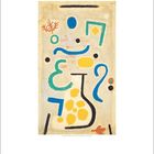 Februar. Buntes abstraktes Gemälde mit Formen in Blau, Gelb und Schwarz, darunter ein Kalendarium.