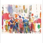 Text unten: Kalender mit Daten von 2 bis 29. Lebendige Aquarell-Illustration mit bunten Farbspritzern oben.