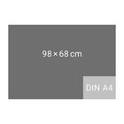 "98 × 68 cm" in der Mitte, "DIN A4" kleiner unten rechts; dunkelgrauer Hintergrund mit grauer Ecke.