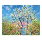 Kalenderblatt im Februar. Impressionistisches Gemälde von Claude Monet zeigt blühenden Baum vor blauem Himmel und Zaun.