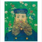 „VAN GOGH“, „Bildnis von Joseph Roulin · 1889“. Eine bärtige Figur in Uniform vor grünen Blüten.