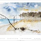 Illustration mit Strand, Meer, Bäumen. Kalender für Februar, nummerierte Tage, keine hervorgehobenen Feiertage.