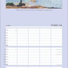 Text: Name, Februar, Wochentage (Mo-So), Rosenmontag, Valentinstag. Illustration: Baum am Meer, impressionistischer Stil.