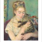 Kalender, Datum unten: 2-28. Illustration: Frau mit Katze im Arm. Sanfte Farben, Impressionismus-Stil.