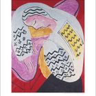 Kalenderblatt mit der Zahl 2, Illustration einer ruhenden Person in kräftigen Farben und abstrakten Mustern.