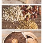 Februar; Bilder von Käse, Nüssen und Pilzen auf Holzoberflächen.