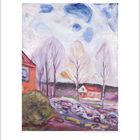 Kalender zeigt Februar 2023. Illustration eines expressionistischen Landschaftsgemäldes. Bäume, Häuser, fließender Fluss.