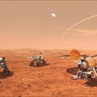 Kalender zeigt Mai und Juni. Zitat über KI: Harmonie und Vorsicht. Illustration von Mars-Robotern.