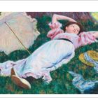 Federico Zandomeneghi, Ruhende Frau, 1890. Öl auf Leinwand. Frau liegt im Gras, trägt rosa und weißen Kleid, neben Schirm.