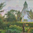 Kalender für Mai und Juni, Gemälde von Camille Pissarro: Kirche in Knokke, 1894, Musée d’Orsay. Vegetation und Kirche.