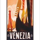„VENEZIA“ in großen Buchstaben. Darunter ein Kalender für Februar. Illustration von venezianischen Gondeln vor Sonnenaufgang.