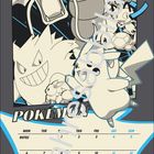 "POKÉMON" oben, "JULY" unten, Kalenderblatt mit blauen Zahlen, mehrere Pokémon in Schwarz-Weiß gezeichnet.