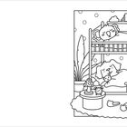 Illustration: Zwei Hunde schlafen in einem Etagenbett. Ein Tisch mit Wecker, Blattpflanzen, eine Leiter und Spielzeuge.