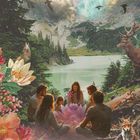 Text oben: "SANGHA Dein Seelenkreis." Unten: "Ich bin Teil eines lebendigen Kreises aus Liebe, Bewusstsein und Wachstum." Illustration von Menschen in der Natur.