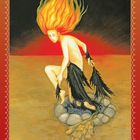 Transformation: Wandle alte Last in neue Kraft. Eine Figur mit flammendem Haar steht in einem Kreis aus Steinen.