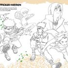 Mal- und Sticker-Mission: Figuren aus Naruto zum Ausmalen und Bekleben. Sechs dynamische Charaktere in Aktion dargestellt.