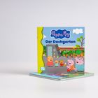 "Peppa Pig: Der Dachgarten". Illustration mit fröhlichen Tierfiguren in einem Garten voller Pflanzen auf einem Dach.