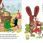 „Das war eine wunderbare Idee!“, sagt der Hase. Ein Maulwurf hält einen Apfel, Igel und Hase sitzen bei Picknickkörben.