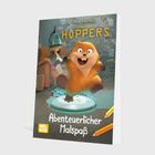 Text: "Hoppers - Abenteuerlicher Malspaß". Ein fröhliches Tier springt von einer Plattform. Im Hintergrund ein sitzendes Kind.