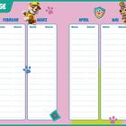 Geburtstage Januar bis Juni. Felder für "Name" und "Datum". Illustration mit zwei fröhlichen Hunden.