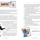 KAPITEL 1A, BLÄTTERE ZU KAPITEL 1C. Illustrationen von Agenten in Anzügen und ein Cartoon-Charakter mit Lupe.