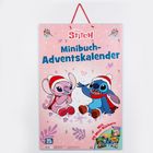 „Minibuch-Adventskalender“, bunte Illustration von zwei Figuren mit Weihnachtsmützen auf rosa Hintergrund.