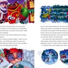 Links ein Weihnachtsmann mit einem Elf, rechts Hunde beim Dekorieren eines Baums. Unten ein Hund mit Schneemann.