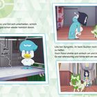 Texte: Liko bat Sprigatito zu helfen, Doch Felori war eifersüchtig. Terepagos schlich sich heimlich davon. Drei Illustrationen.