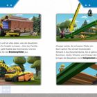 "Wildbrücke" oben. Vier Illustrationen von Baufahrzeugen und Tieren beim Bau einer Brücke. Enthält Betonspritze.